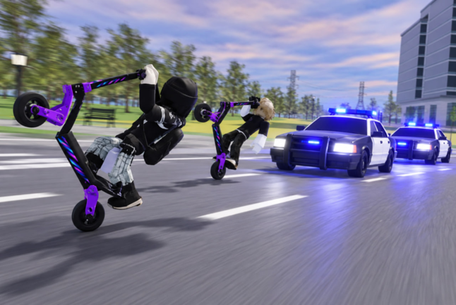 Two players riding electric scooters away from police cars with flashing lights during a chase in Kukirin Life.