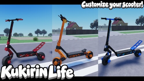Three customized scooters in red, orange and blue in Kukirin Life